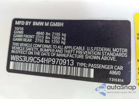 2017 BMW M4 из США, поврежденный, VIN WBS3U9C54HP970913